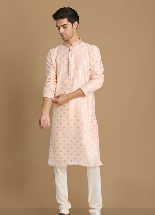 alt message - Manyavar Men Chanderi Pink Kurta Set image number 1